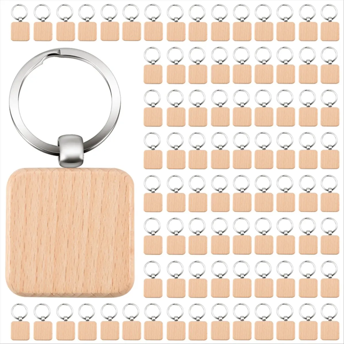 HITL 100Pcs DIY Blank Wooden Key Chain Square Carved Key Ring Wooden Key Ring About 40 x 40 mm