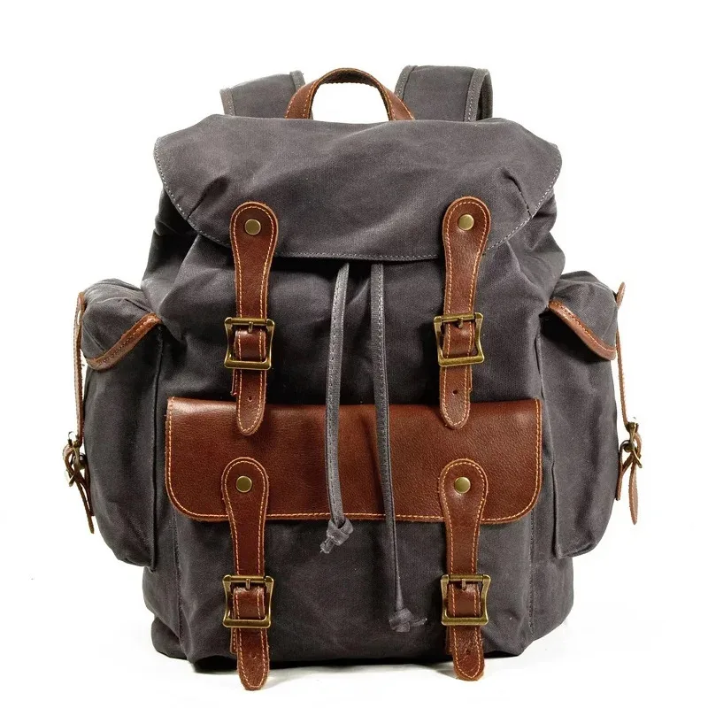 

Vintage Canvas Backpacks Leather Backpack for Men, Waxed Canvas Shoulder Rucksack for Travel School