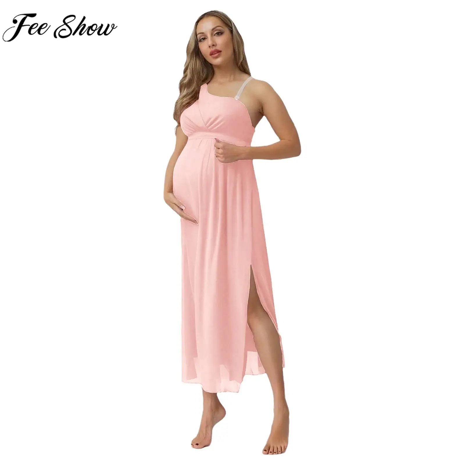 

Pregnant Women One Shoulder Chiffon Party Dress Baby Shower Photography Wedding Evening Costume Split Hem Ankle Length Gown