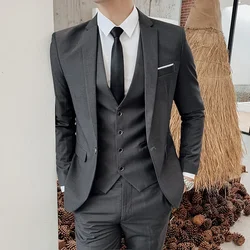 Blazers Jacket Pants Vest 3 Pcs Set / 2023 Fashion New Men's Casual Boutique Business Solid Color Slim Dress Suit Coat Trousers