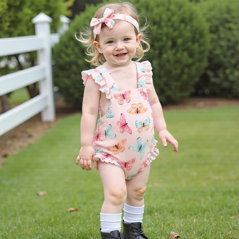

Baby Girls Rompers /Flower/Dinosaur/Bow Print Fly Sleeve Infant Bodysuits Jumpsuits with Headband