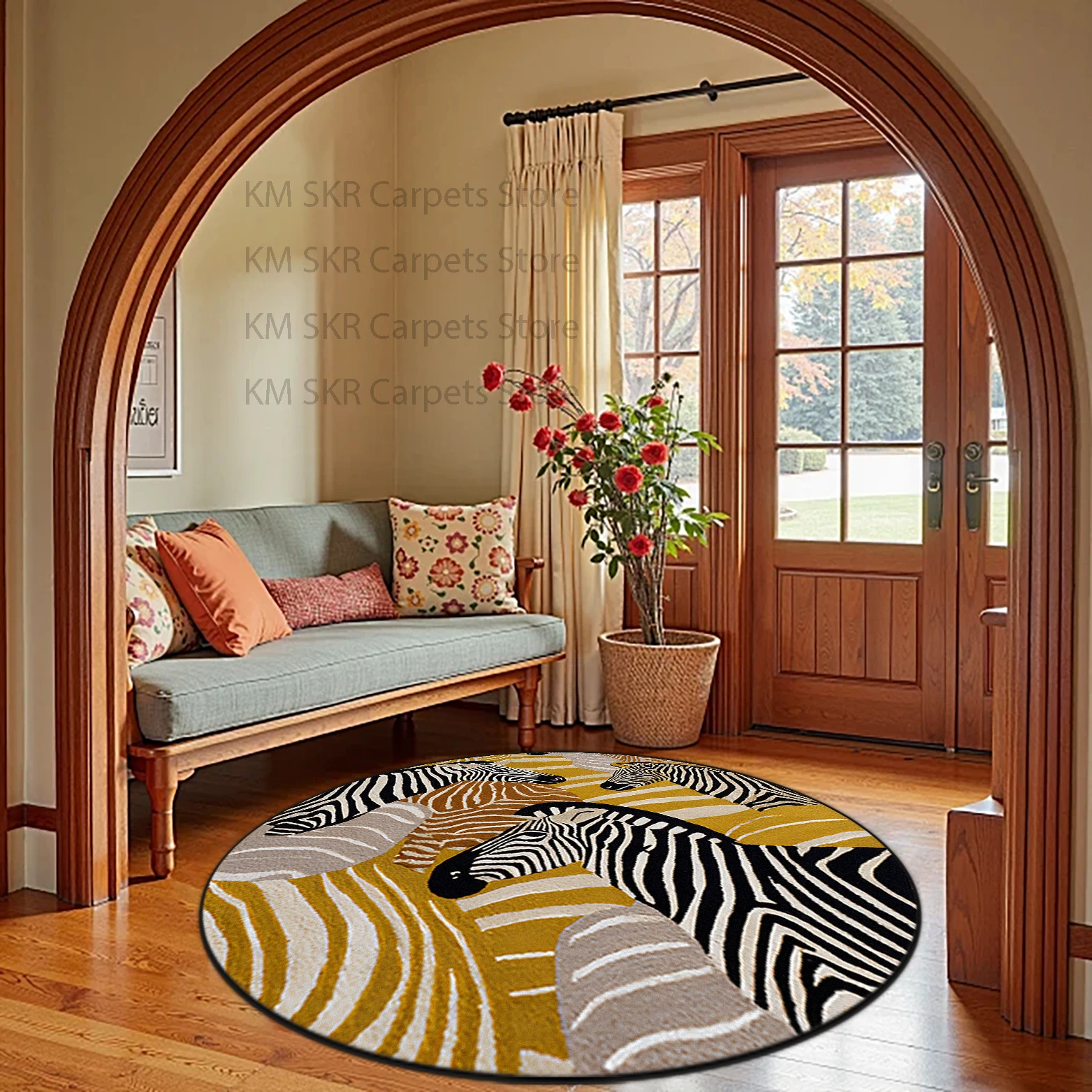 American Round Zebra Print Living Room Entrance Carpet Antiskid Washable Bedroom Bedside Mat Soft Fluffy Office Large Area Rugs