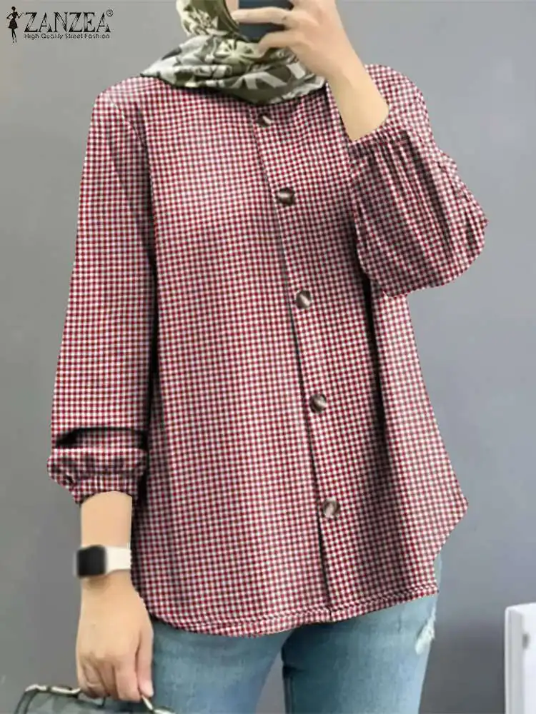 

ZANZEA Women Vintage Long Sleeve Plaid Shirt Muslim Tops Casual Abaya Ramadan Dubai Blusas IsIamic Kaftan Autumn Checked Blouse