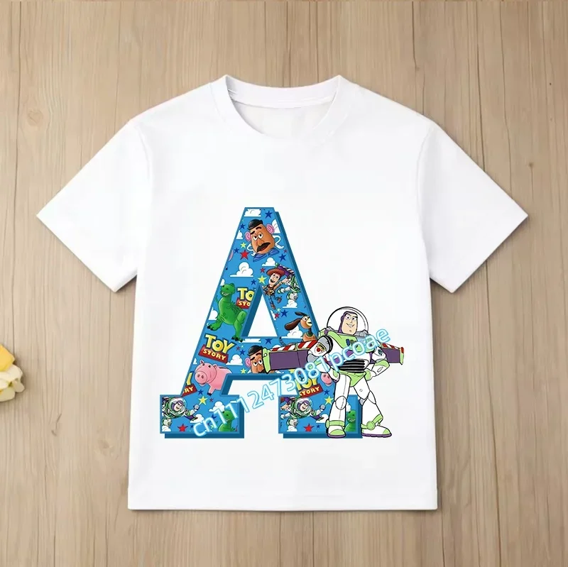 New Toy Story Alphabet A-Z Children's Pure Cotton Short-Sleeved Cartoon Printed Boys' Sportswear Casual Shirt Summer T-Shirt