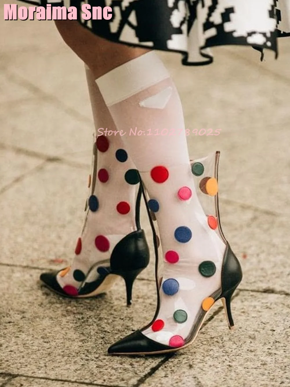 

Polka Dots Clear Pvc Ankle Boots Mixed Colors Pointed Toe Stiletto High Heel Slip On Fashion Women Modern Ankle Boots Runway New