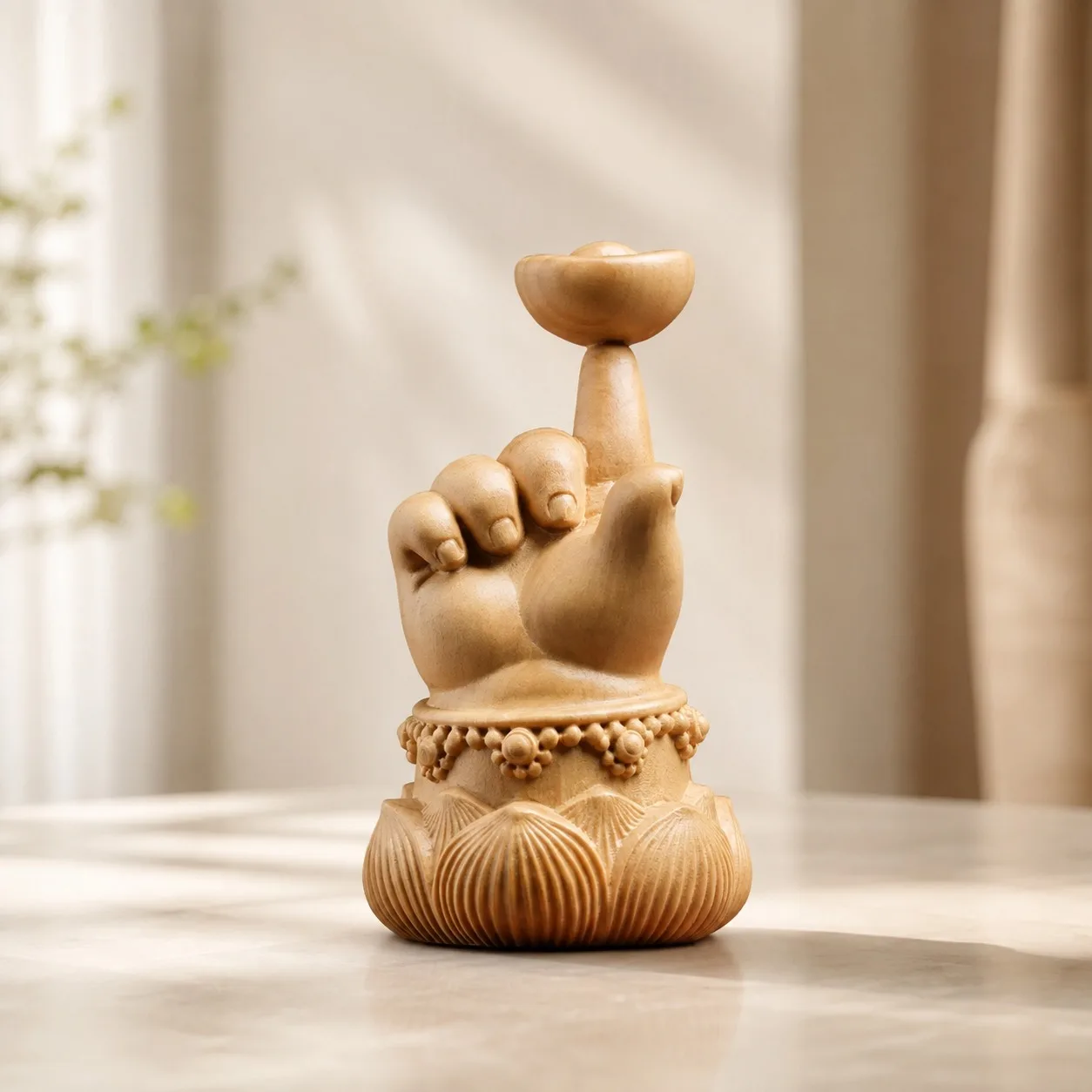 Fine Carved Boxwood Gesturing Wealth Lotus Figurine Zen Tabletop Ornament Asian Traditional Feng Shui Living Room Decor