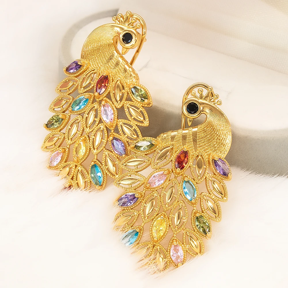 YTJX Luxury Colorful Zircon Women Earrings Hight Quality 18K Gold Plated Phoenix Shaped Big Earrings For Party Jewelry Gifts ﻿