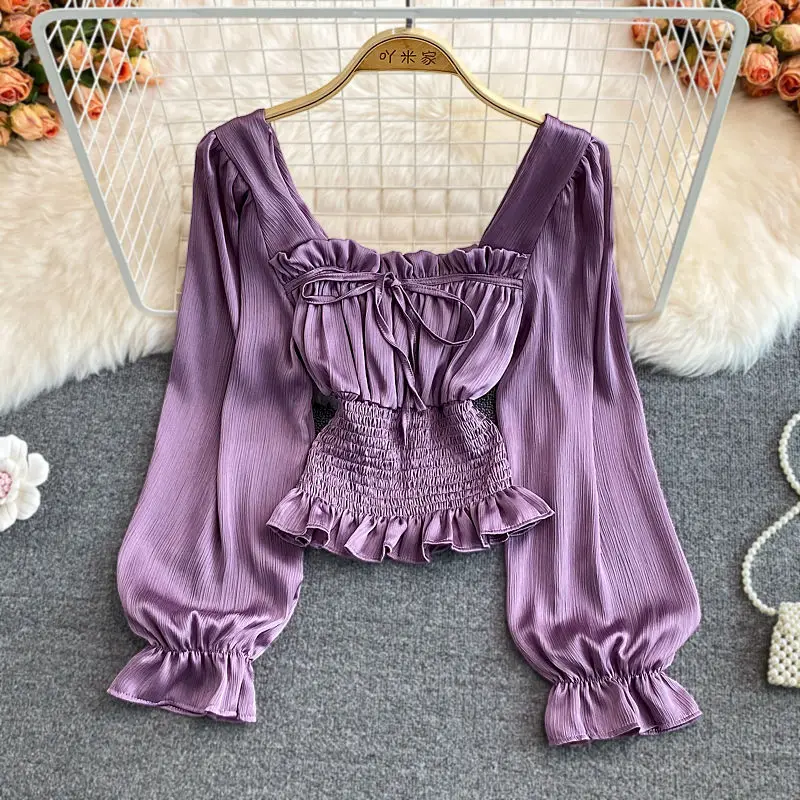 Autumn Women Purple/Red/Green Ruffle Short Shirt Vintage Square Collar Puff Sleeve Draped Short Blouse Female ELegant Tops