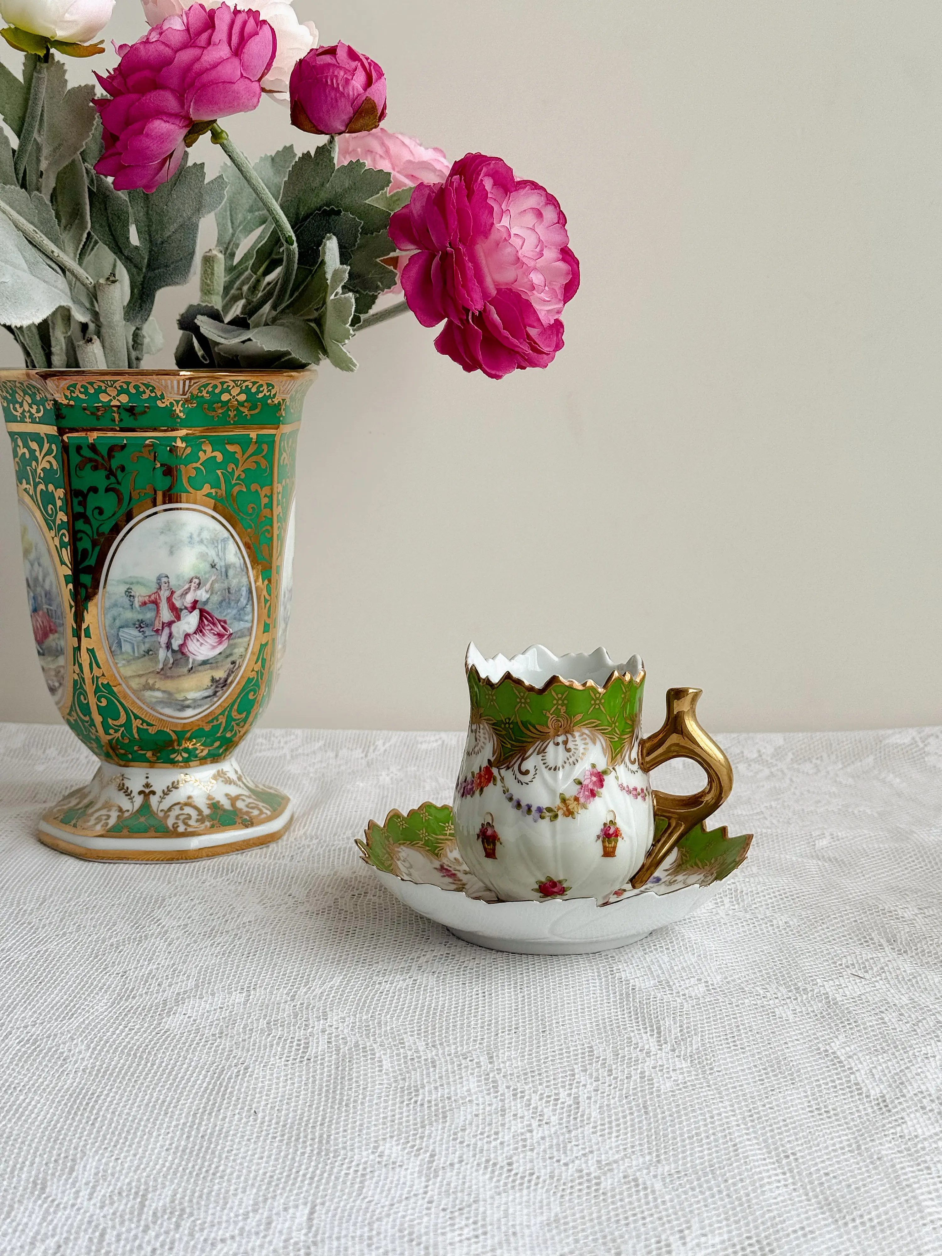 French antique porcelain green series gilded vase with specially designed leaves, coffee cup