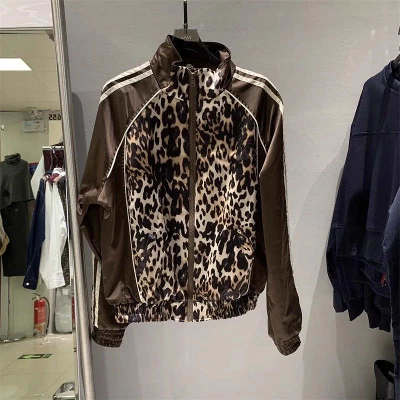 Spring Autumn American Retro Women's All-Match Leopard Print Zipper Sports Jacket Street Fashion Personality down Jacket
