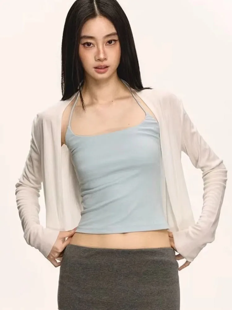 Summer Sun Protection Y2k Aesthetic Women Cardigan Harajuku Solid Fairy Casual Pull Femme 2026 Long Sleeve Grunge Cropped Tops