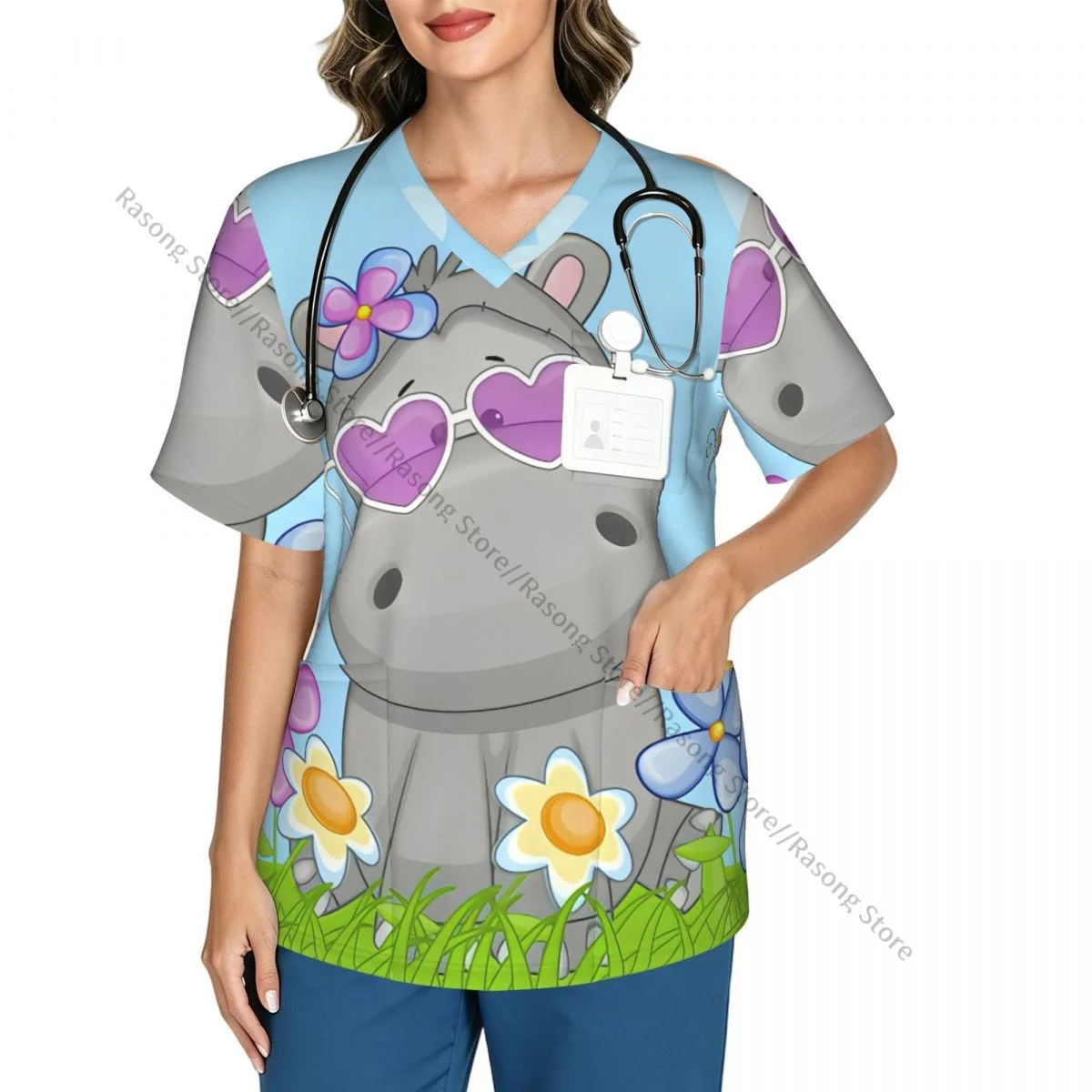 Cute Hippo With Flowers And Butterflies Scrubs tops medical uniforms women V Neck Stretch Scrub Shirt Dentist doctor Blouse