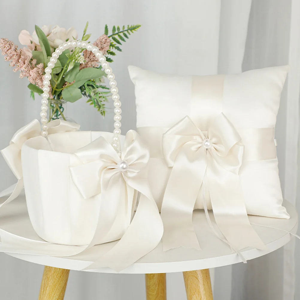 

1Set Wedding Ring Pillow Flower Basket Set PU Cloth Material Skin Friendly Ring Cushion for Ceremony Romantic Flower Basket