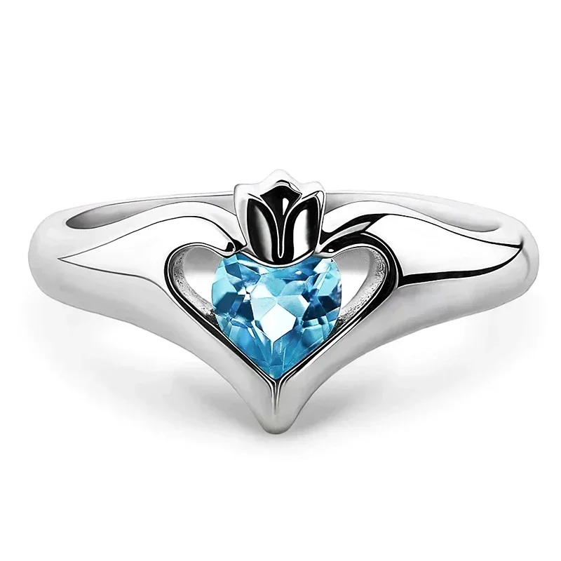 Sky Blue Heart Cubic Zirconia Rings for Women Newly Designed Wedding Trend Love Accessories Silver Color Fashion Jewelry