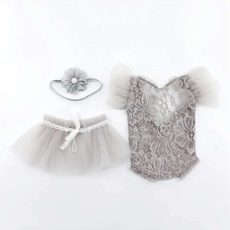 Baby Girl Princess Lace Romper Tulle Skirt for Photography Newborn Photo Props Costumes Outfit Flower Headband Gray