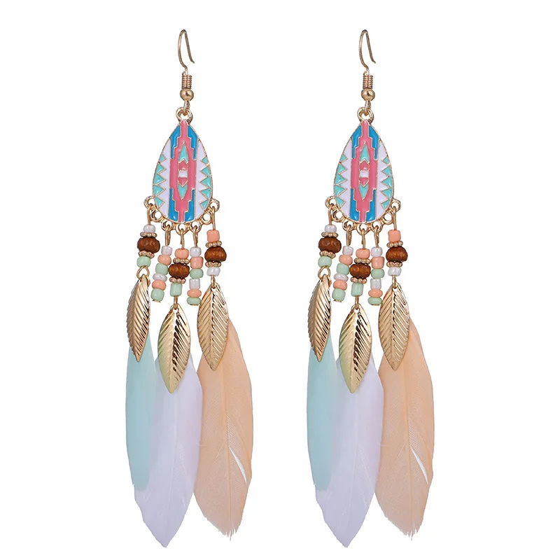 Böhmische lange Feder-Ohrringe für Frauen, klassische ethnische Retro-Temperament-Kette, Blatt-Perlen-Quasten-Ohrringe, Boho-Hochzeitsschmuck – Detail 30