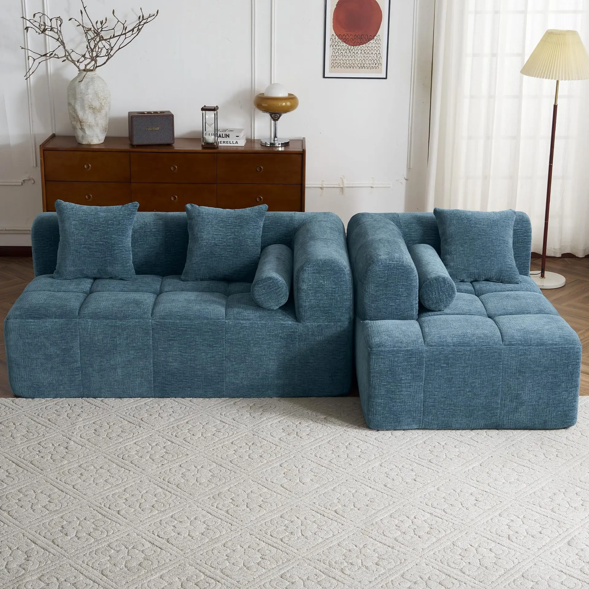 #Blue Textured Fabric Modular Sectional Sofa L Shape 2 Piece Square Block Couch with Throw Pillows for Living Room Furniture