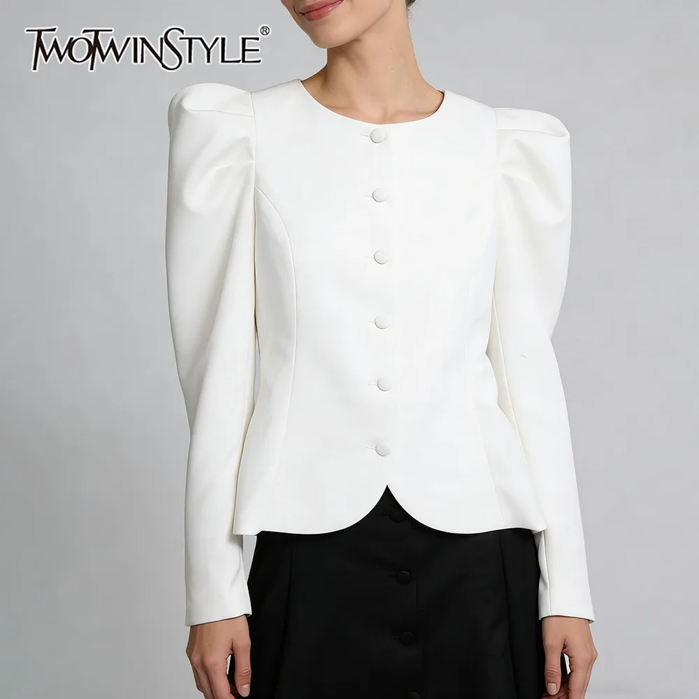 

TWOTWINSTYLE Solid Spliced Single Breasted Jacket Female O Neck Puff Sleeve Loose Commute Elegant Women's Jackets Fashion New