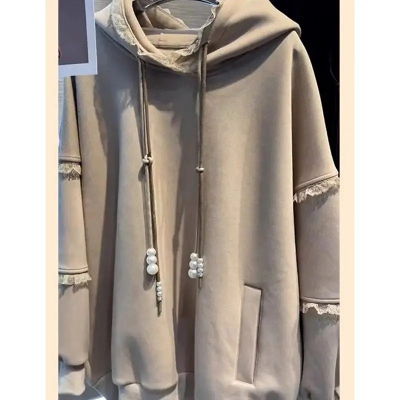 Women's Plus Size Lace Design Spliced Solid Color Fashion Versatile Warm Long Sleeve Hooded Sweatshirt for Autumn and Winter