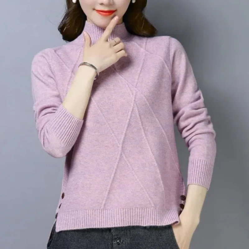 

Женская одежда с полувысоким воротником, осенне-зимний однотонный пуловер, свитер с длинными рукавами и завинчивающейся резьбой, вязаные топы на пуговицах