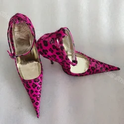 Rose Red Leopard Print Sexy Pumps Pointed Toe Flock Ankle Buckle British Style Party Casual Women Shoes 2024 Zapatos Para Mujere