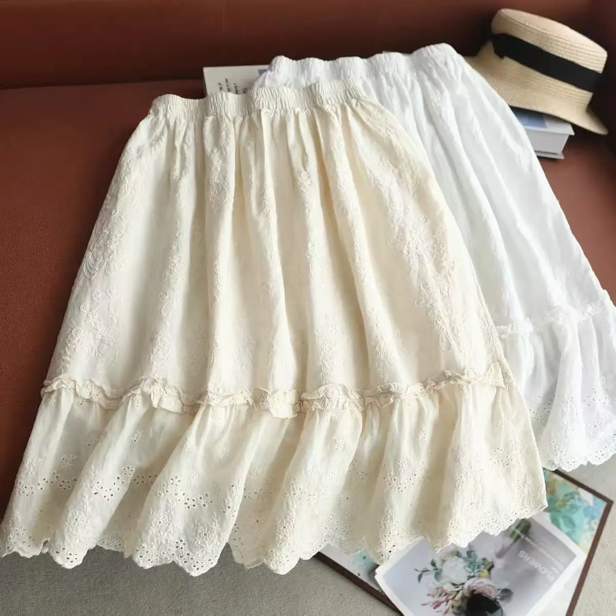 2026 Women Cotton Elastic Waist Midi Skirt Mori Girl Floral Embroidery Eyelet Skirt Ruffled Layered A Line Flowy Skirt