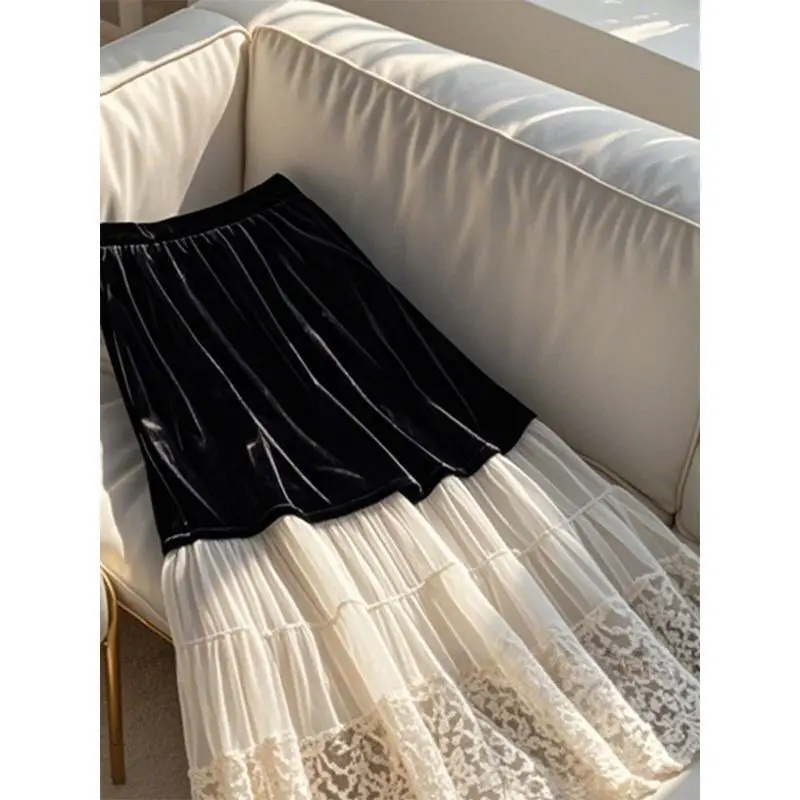 Saias de veludo de renda de retalhos preto branco meados de comprimento saia completa doce elegante feminino cintura elástica inverno outono roupas all-match