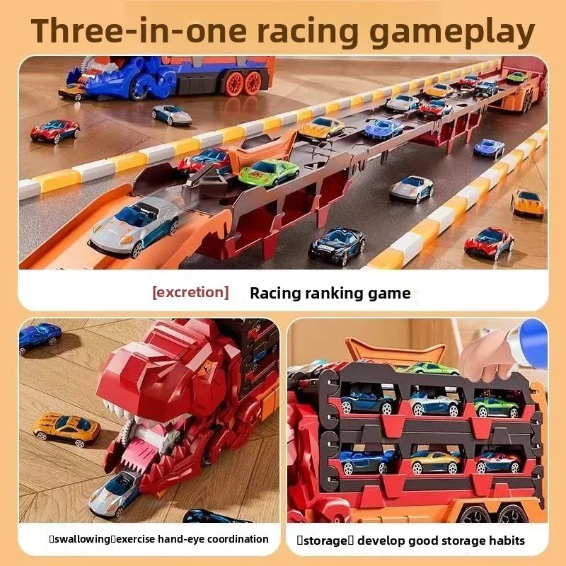 Nuevo camión de transporte de dinosaurios con 12 coches de carreras moldeados, coche de dinosaurio transformador en regalos de tiranosaurio de pie para niños