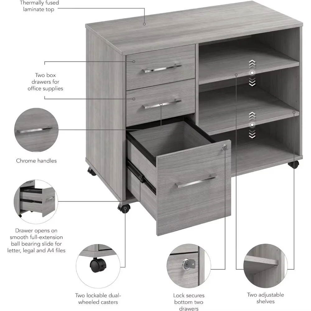 Hustle Office Storage Cabinet with Wheels in Platinum Gray, Mobile Organization Unit for Home and Professional Workspace