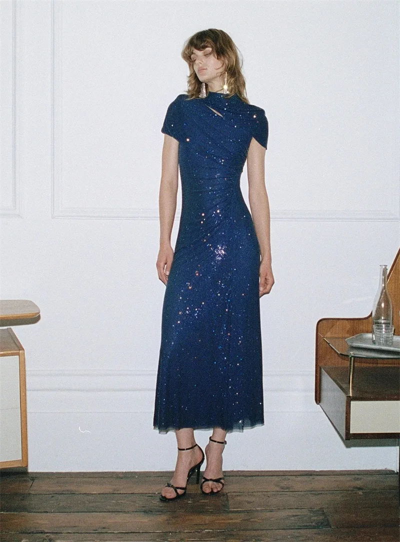 

Glitter Crystals Blue Prom Dress Sexy Hollow Short Sleeves Long Banquet Party Gown Formal Wedding Guest Birthday Evening Robe