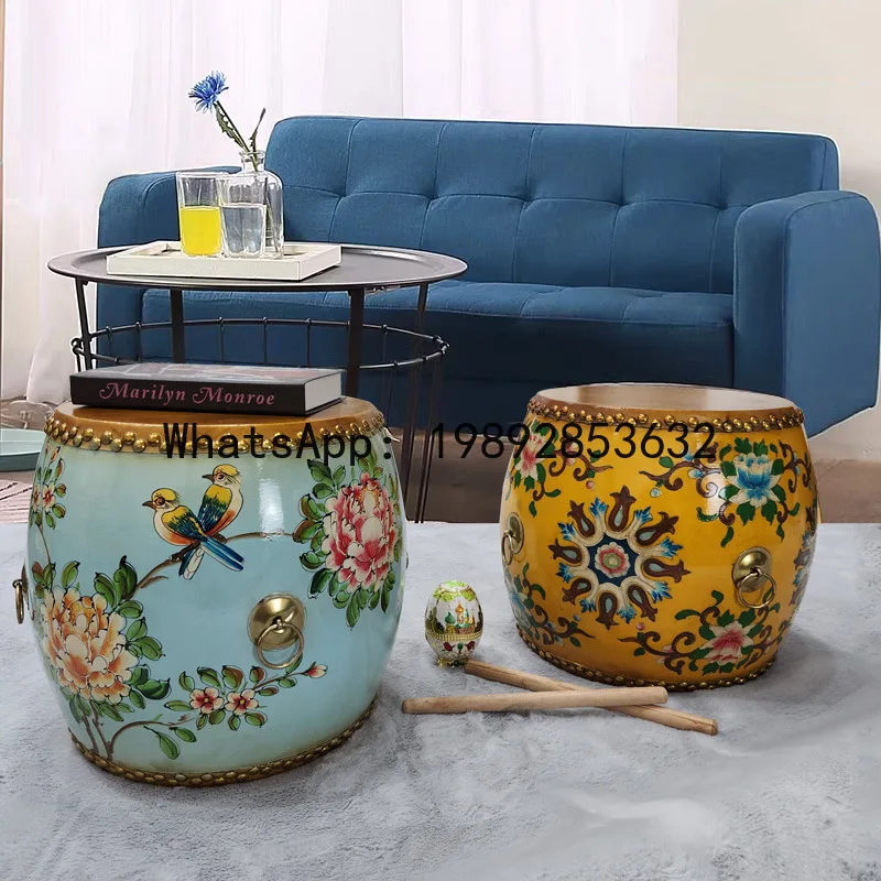 New Chinese Style Drum Stool Cowhide Painted Round Stool Solid Wood Embroidered Stool  Chinese Style Shoe