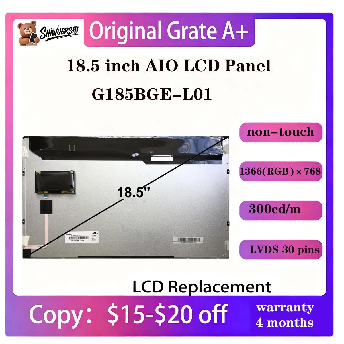 

Wholesale Original New A+ 18.5 Inch Lcd Screen PaneL Monitor G185BGE-L01 G185BGE L01 1366(RGB)×768 Replacement for AIO Display