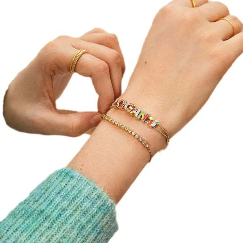 شخصية DIY الملونة فقاعة المنزلق سوار مخصص 18 كيلو مطلية بالذهب A-Z الأولي مكتنزة إلكتروني سوار للنساء JewelryGift #2