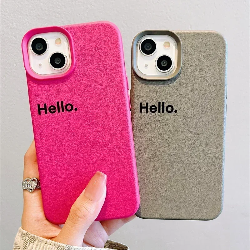 High-end Leather Solid Color Orange Hello Silicone Soft Shockproof Case For iPhone 11 12 13 14 15 16 Pro Max Silicone Cover Girl