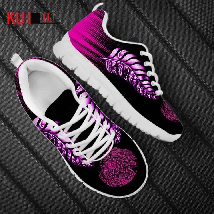 KUILIU Flats Shoes Women Casual Autumn Mesh Lace Up Sneakers Fashion Polynesian Tribal Tattoo Pattern Female Breathable Footwear