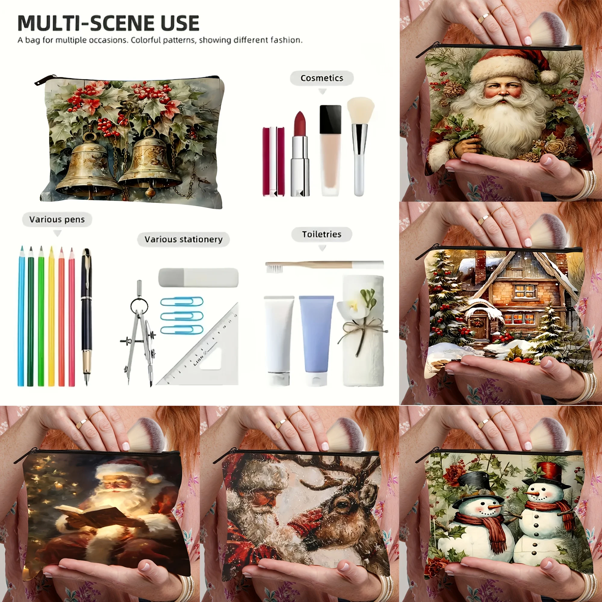 Christmas Makeup Bag Santa Claus Storage Christmas Tree Organizer, Snowman Cosmetic Bag Makeup Pouch, Toiletry Bag, Pencil Case