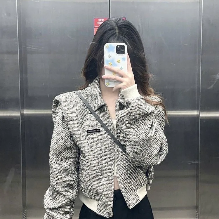 

Tweed Jacket Jeweled Button Womens Spring Embroidered Placket Feminine Turndown Silhouette Ladylike Elegant Simple Buttons Daily