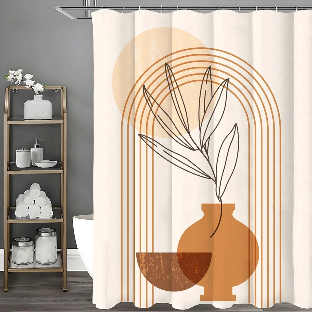 

Modern Arch Leaf Sun Pottery Jar Bowl Shower Curtain, Bathroom Decorative Shower Curtain, Waterproof Shower Curtain with Hooks