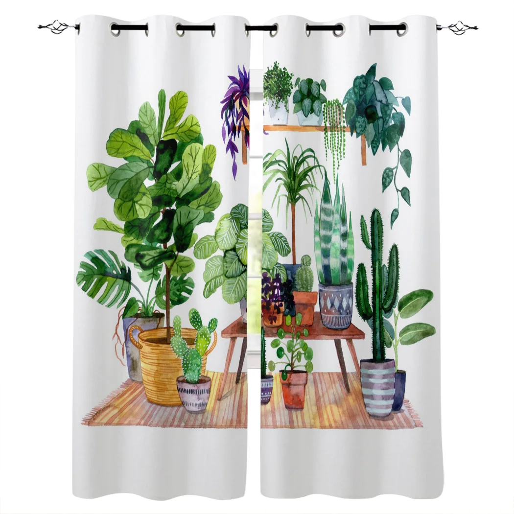 Flowerpot Watercolor Cactus Leaves Window Curtains for Living Room Kitchen Bedroom Home interior Decoration Curtains