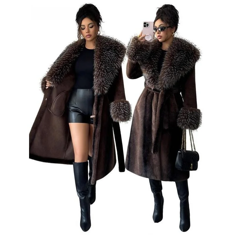 ASANDY Women's Luxury Brown Faux Fur Coat with Plush Collar Mid-Year New Style No Brand Registered No Hat Included