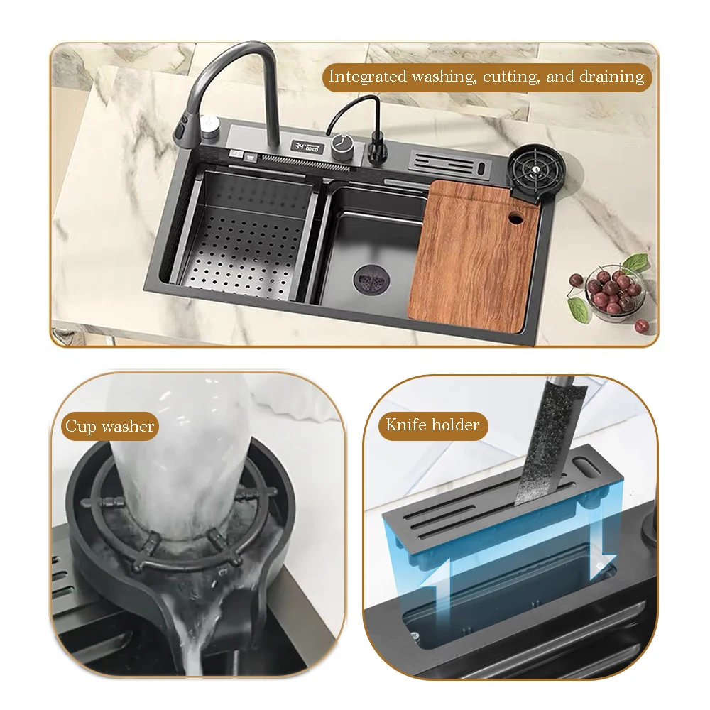 Left Drainage Kitchen Sink Single Bowl Kitchen Sinks Flying Rain Digital Display Waterfall Sink With Pull Down Sprayhead Faucet