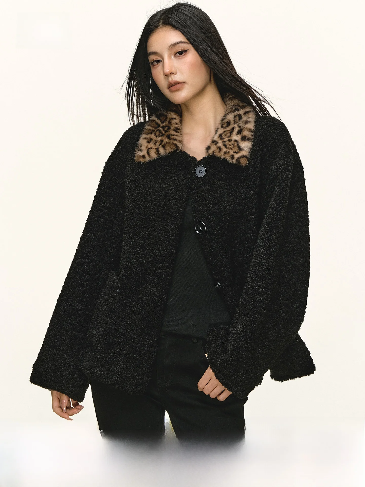 

Anna Aneae Women's ort Thiened Warm Color Blo Lamb Fur Jaet Spring Autumn Casual Loose Fit Button up Collar Coat