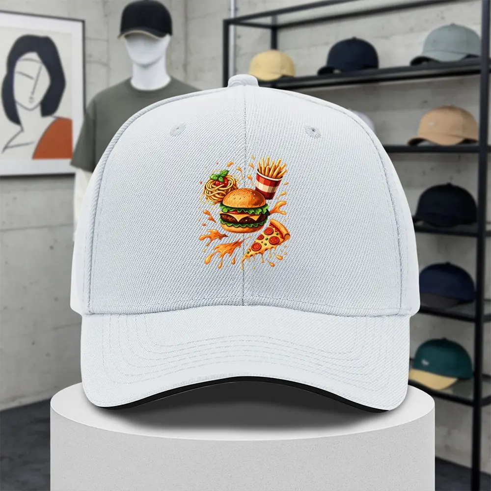 Fast Food Burger Fries Print Baseball Cap Adjustable Unisex Outdoor Casual Hat for Daily Wear