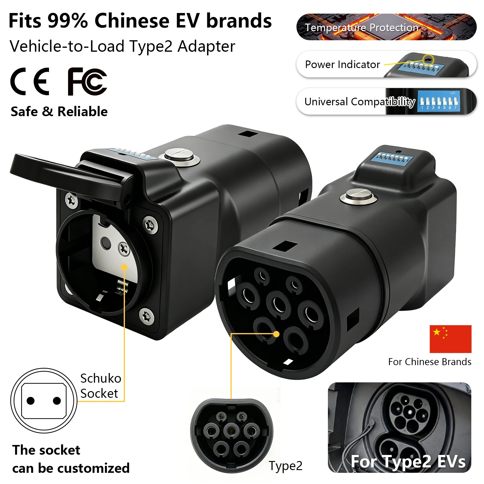 Type2 V2L Adapter with Power Adjust Switch for Chinese EV, Vehicle to Load Discharger power supply for Camping Outdoor