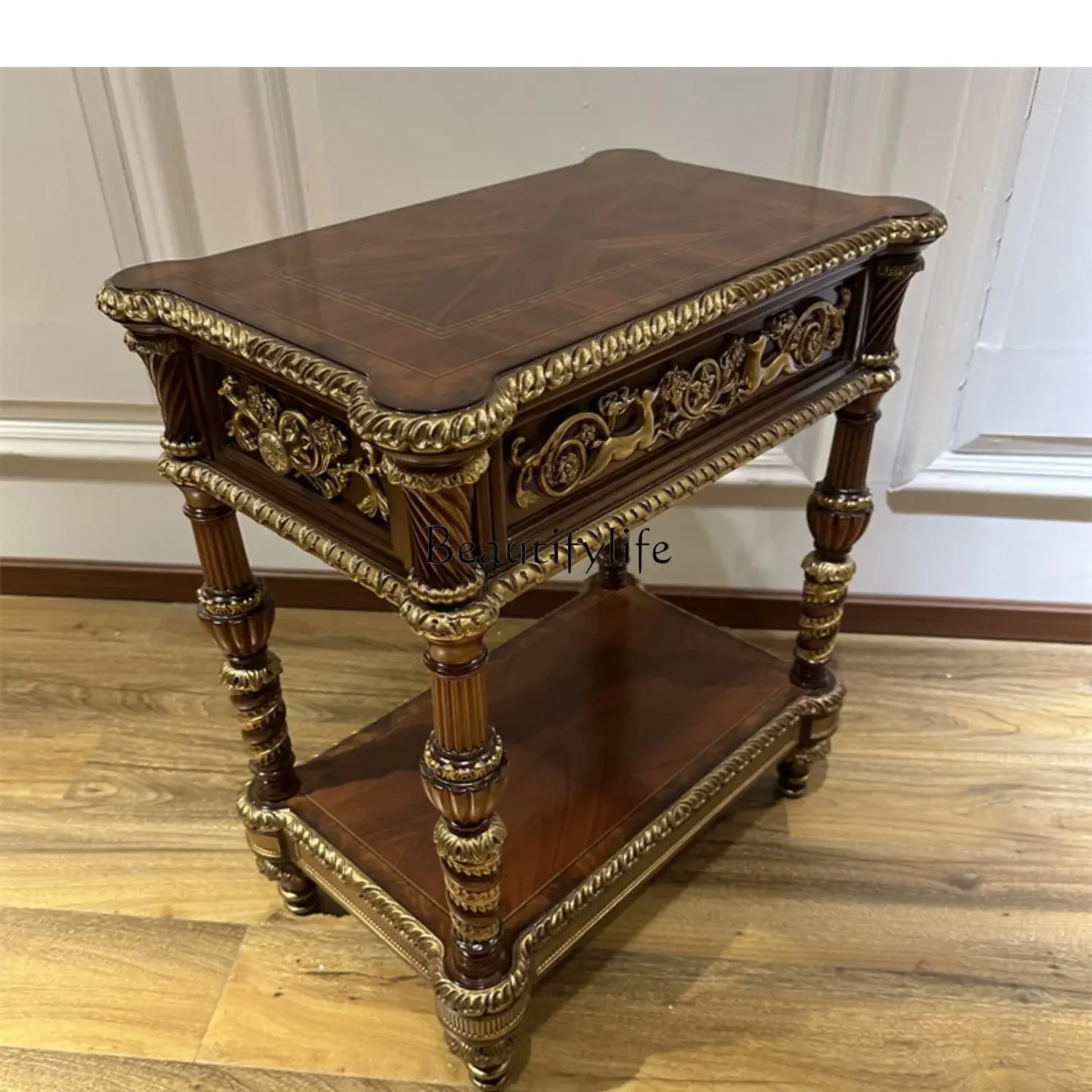 

ls 35European-Style Solid Wood Corner Table Hand Carved Gilding Distressed Rectangular Small Coffee Table