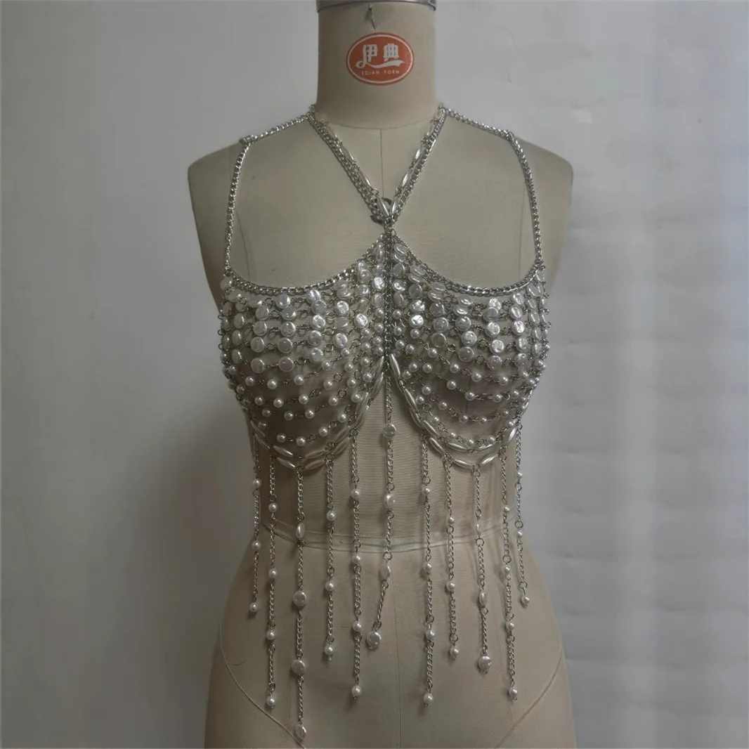 

Многослойный жемчужный полый цепочка для тела с драгоценными камнями в европейском и американском стиле для женщин, сексуальный многослойный топ с лямкой на шее в пляжном стиле с открытой спиной