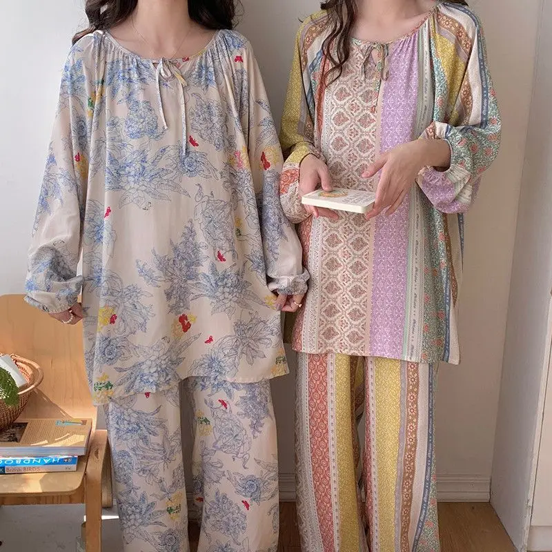 Conjuntos de pijama estampa vintage de duas peças feminino, pijamas de algodão, manga comprida, pulôver, loungewear fino, roupa de alta qualidade