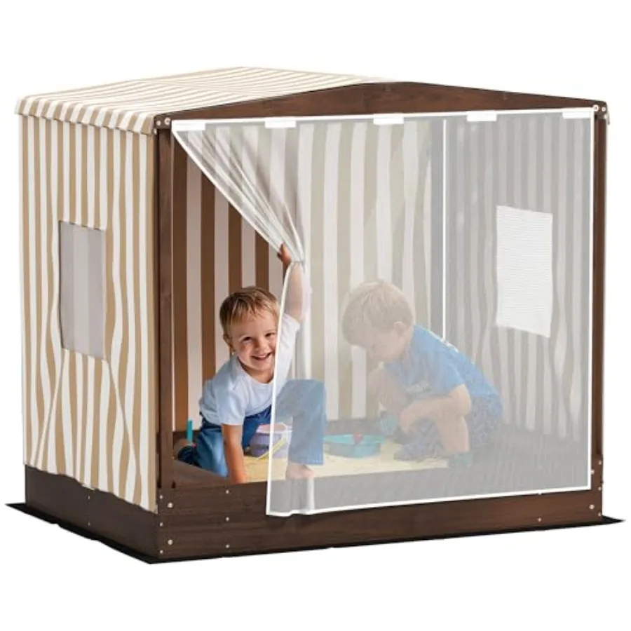 

Outdoor kids wooden sandbox with canopy, brown wood sand pit featuring mesh door, 2 bench seats, bottom liner, for backyard, ga