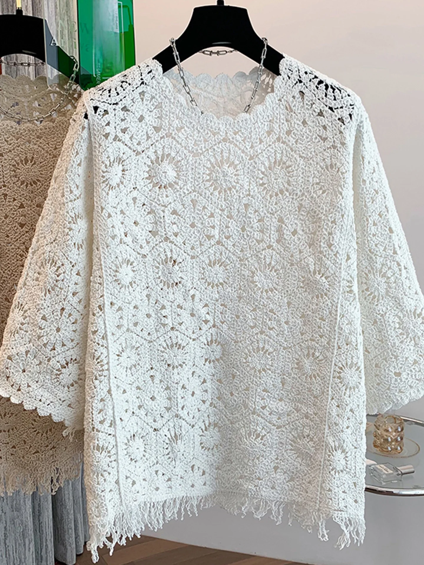 

Вязаная женская футболка оверсайз с вырезами и шнуровкой, повседневная свободная дышащая осенняя кофта