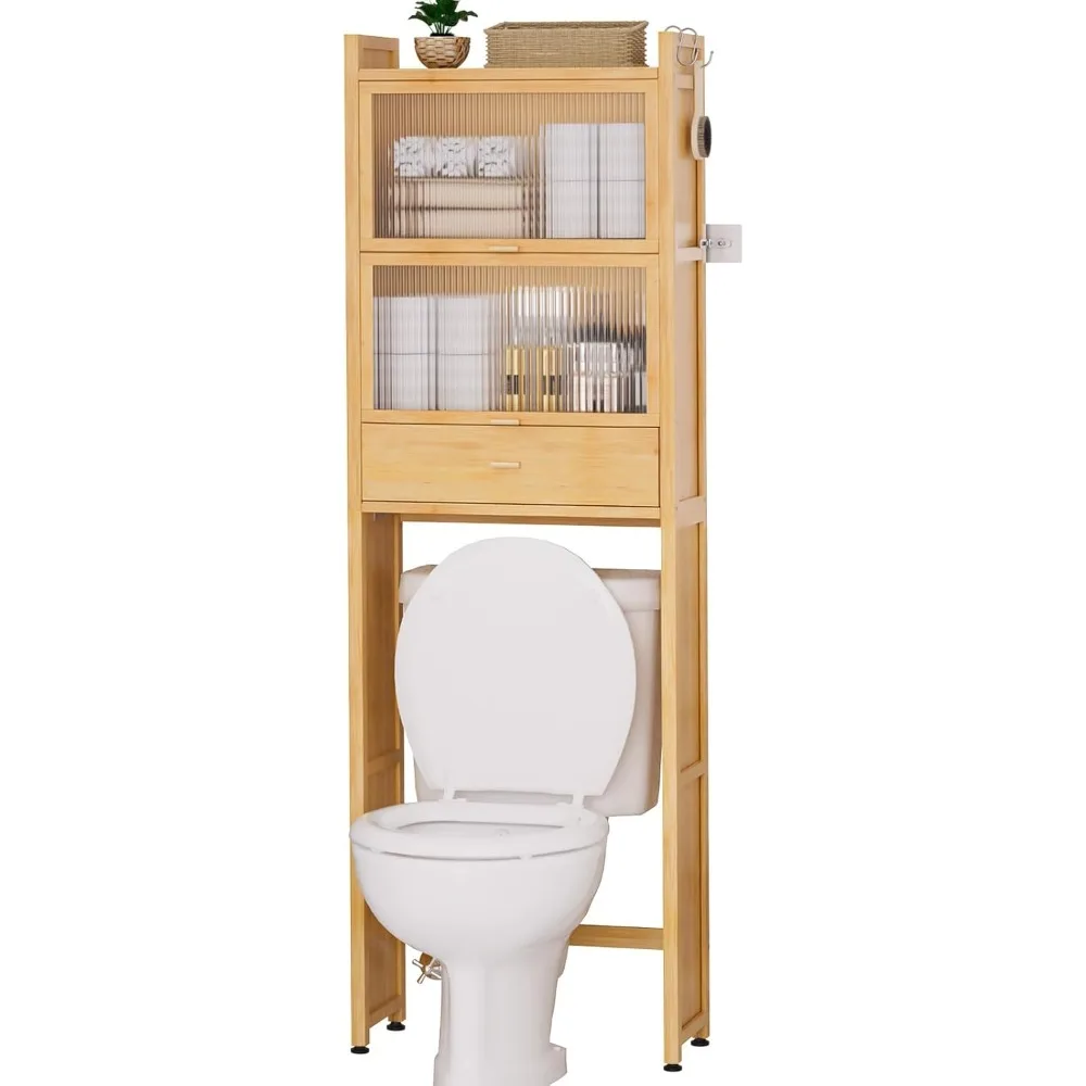 

Over The Toilet Storage Cabinet with Drawer and Flip Door, Bamboo Bathroom Organizer Shelf with Anti-Tip Design and Waterproof F